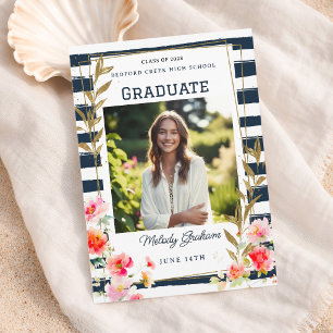 Navy Stripes Floral Gold Graduation Announcement