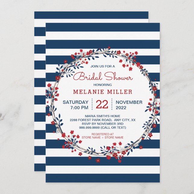 Navy Stripes floral wreath bridal shower invite (Front/Back)