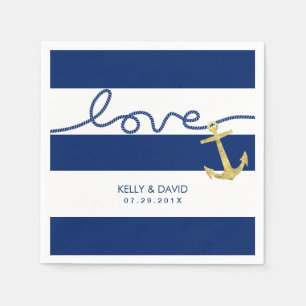 Navy Stripes Gold Anchor Tying the Knot Wedding Napkin
