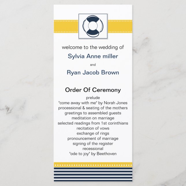 navy stripes, lifebuoy , nautical wedding programs (Front)