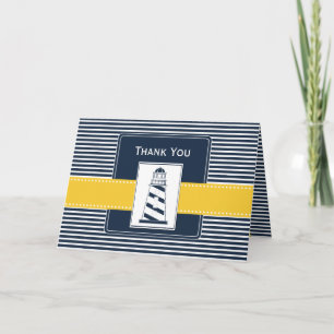 navy stripes,lighthouse, nautical  Thank you Card