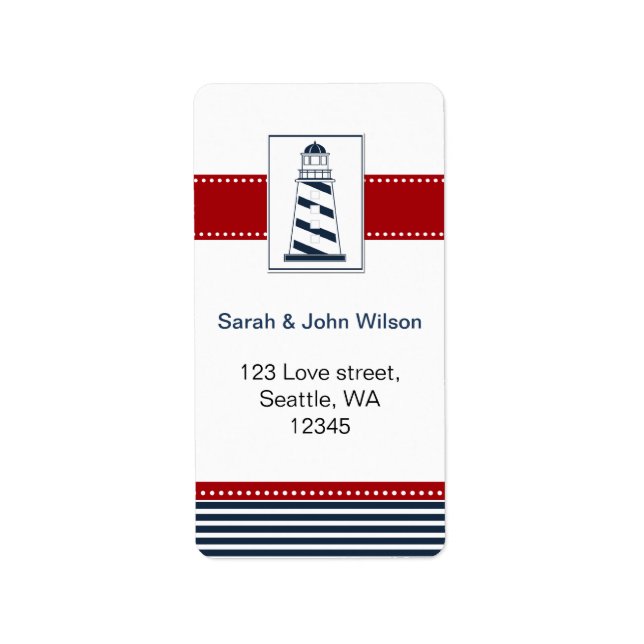 navy stripes,lighthouse, nautical wedding labels (Front)