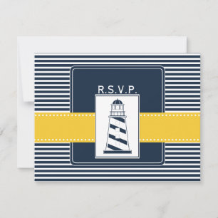 navy stripes,lighthouse, nautical wedding rsvp card
