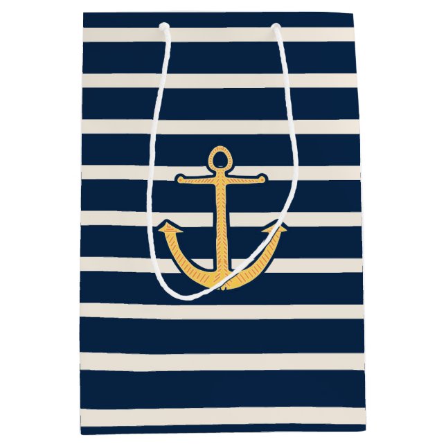 Navy Stripes Nautical Anchor Medium Gift Bag (Front)