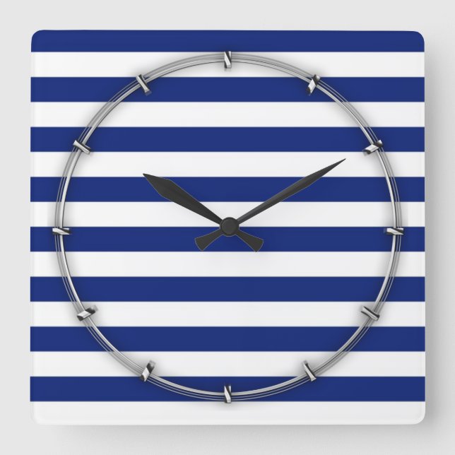 Navy Stripes Nautical Pattern Square Wall Clock (Front)