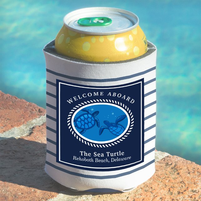 Navy Stripes Nautical Sea Turtle Can Cooler (Creator Uploaded)