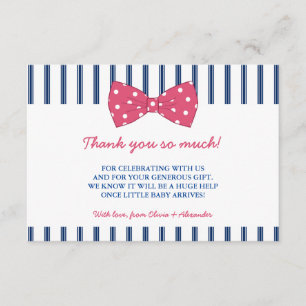 Navy Stripes & Pink Bow Baby Shower Thank You Card