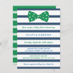 Navy Stripes & Polka Dot Bow   Baby Shower Invitation