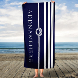 Navy Stripes & Rope Personalised Name Bath Towel