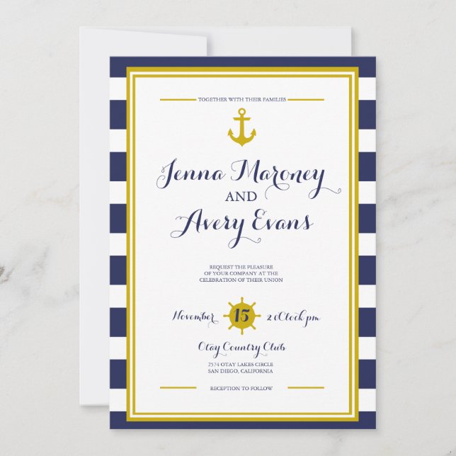 Navy Stripes w/ Anchor Nautical Wedding Invitation (Front)