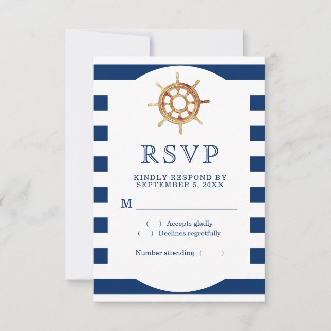 Navy Stripes Watercolor Steering Wheel Nautical RSVP Card (Front)