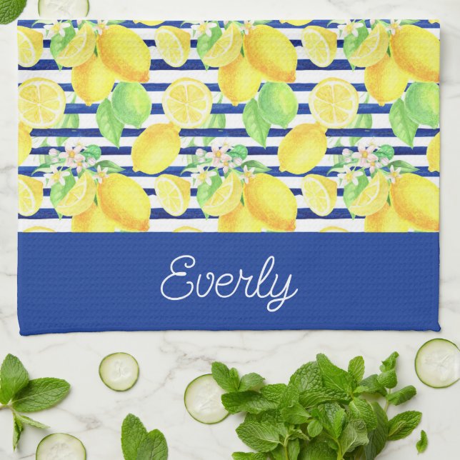 Navy Stripes with Yellow Lemons Pattern Tea Towel (Folded)