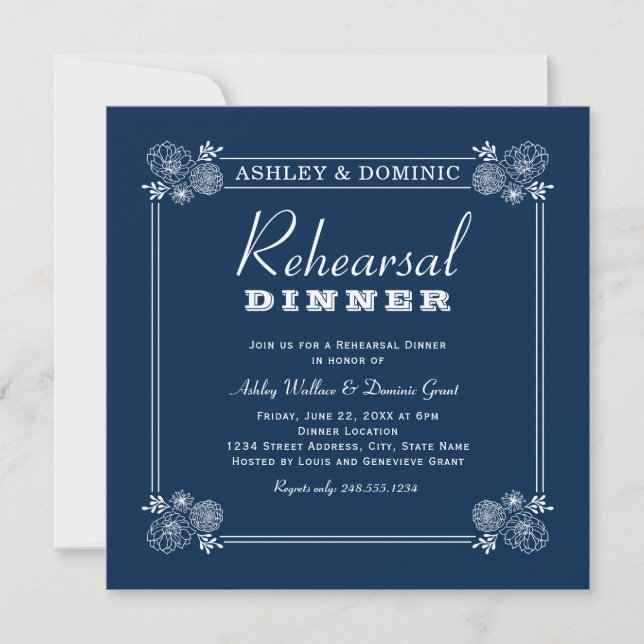 Navy Succulent Frame Wedding Rehearsal Dinner Invitation (Front)