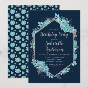 Navy Succulent Rose Gold Birthday Party Invitation