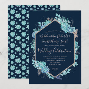 Navy Succulents & Rose Gold Wedding Invitation
