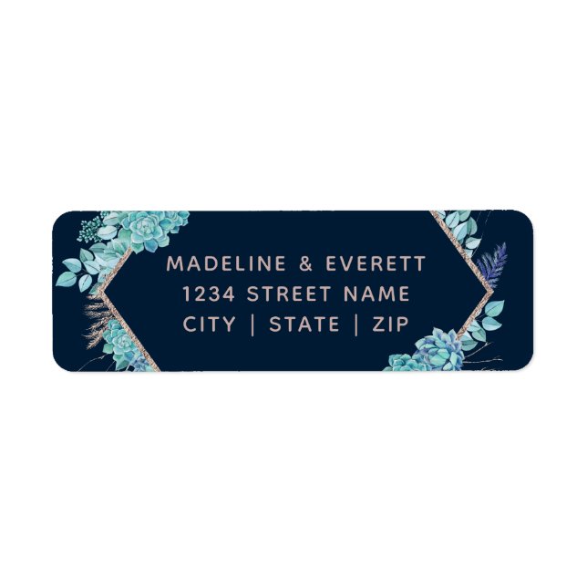 Navy Succulents & Rose Gold Wedding Return Address Label (Front)