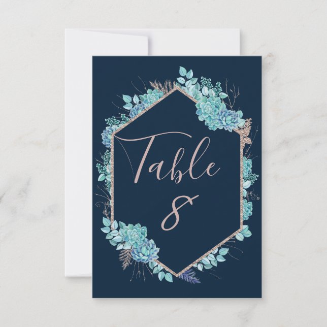 Navy Succulents & Rose Gold Wedding Table Numbers (Front)