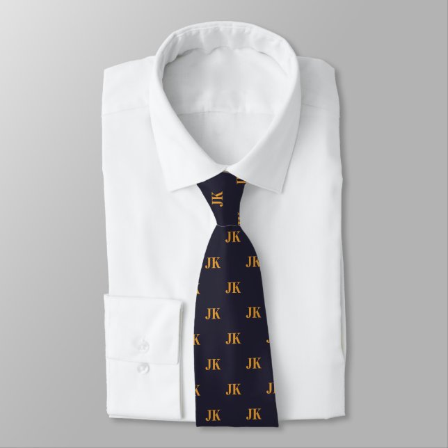Navy Sun Gold Monogram Initials Tie (Tied)