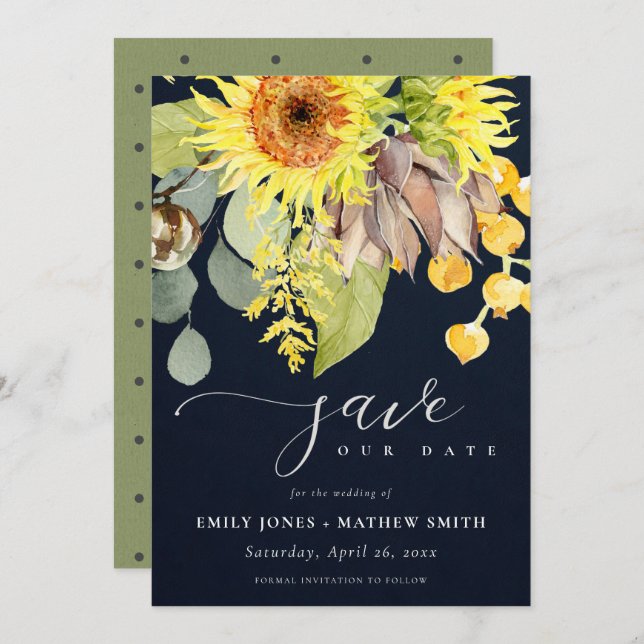 NAVY SUNFLOWER EUCALYPTUS  FLORAL SAVE THE DATE INVITATION (Front/Back)