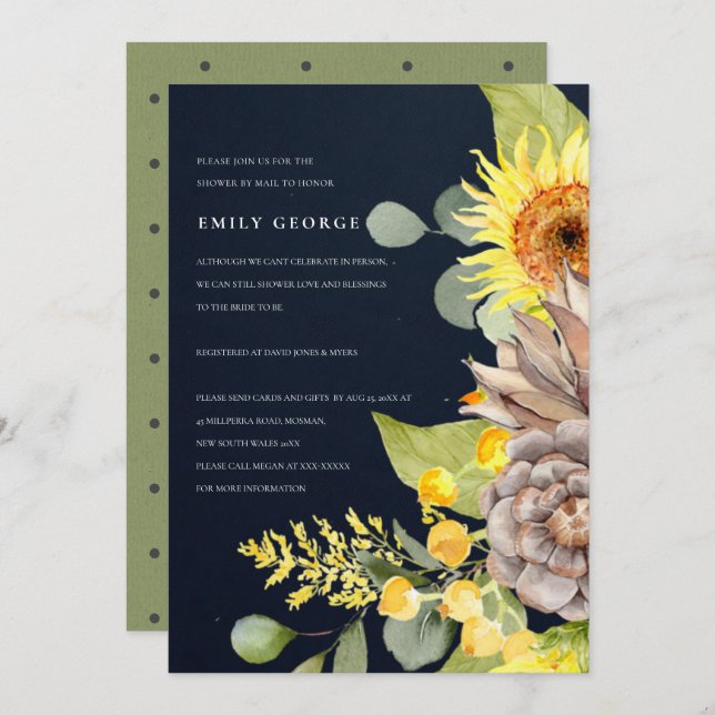 NAVY SUNFLOWER EUCALYPTUS FLORAL SHOWER BY MAIL INVITATION (Front/Back)