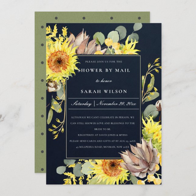 NAVY SUNFLOWER EUCALYPTUS FLORAL SHOWER BY MAIL INVITATION (Front/Back)