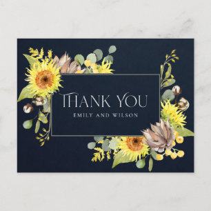 NAVY SUNFLOWER EUCALYPTUS FLORAL WEDDING THANK YOU ANNOUNCEMENT POSTCARD