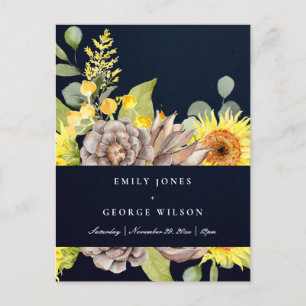NAVY SUNFLOWER EUCALYPTUS PINE CONE FLORAL WEDDING INVITATION POSTCARD