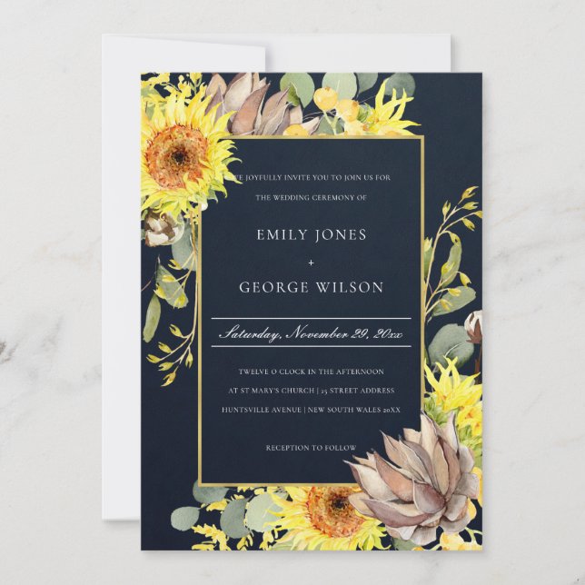 NAVY SUNFLOWER EUCALYPTUS PINE FLORAL WEDDING INVITATION (Front)