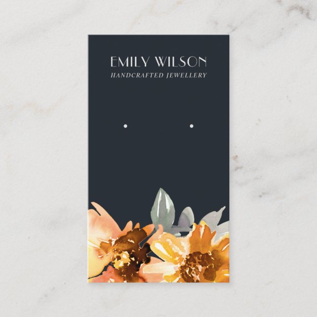 NAVY SUNFLOWER FALL AUTUMN STUD EARRING DISPLAY BUSINESS CARD (Front)