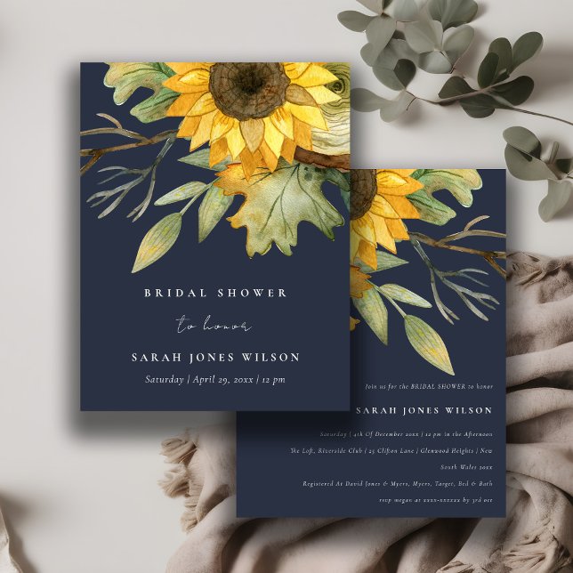 Navy Sunflower Watercolor Floral Bridal Shower Invitation (Creator Uploaded)