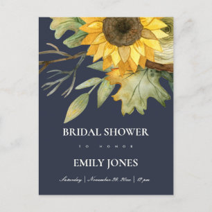NAVY SUNFLOWER WATERCOLOR FLORAL BRIDAL SHOWER INVITATION POSTCARD