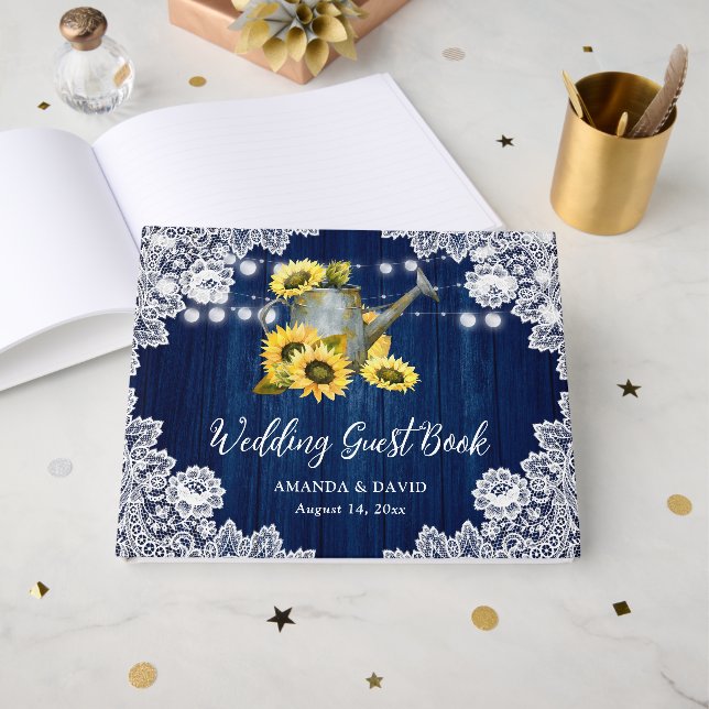 Navy Sunflower Watering Can String Lights Wedding Guest Book (Front Open)