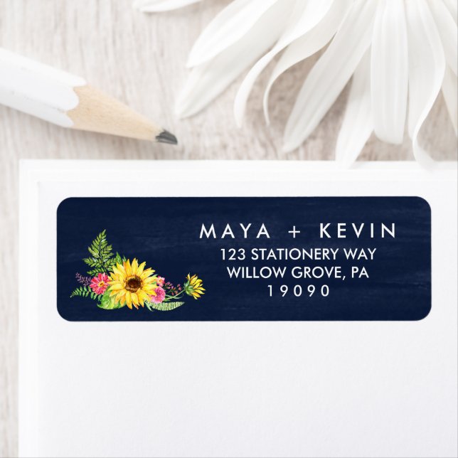 Navy Sunflower Wedding Return Address Label (Insitu)