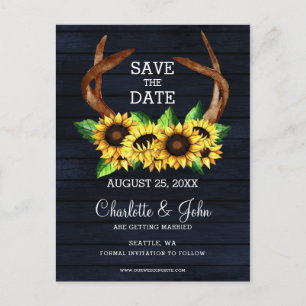 Navy sunflowers antlers country chic wedding announcement postcard