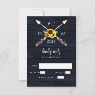 Navy Sunflowers Barn wood country chic wedding RSVP Card
