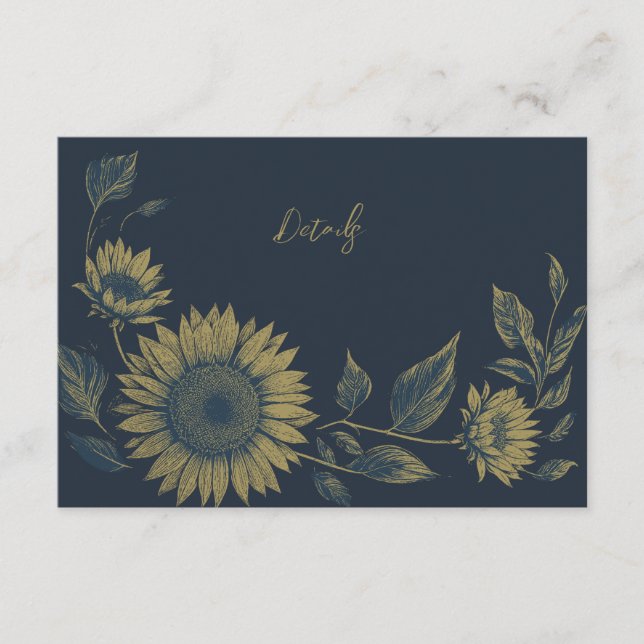 navy sunflowers elegant wedding details card (Front)