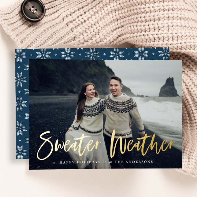 Navy Sweater Weather Photo Foil Holiday Card (Creator Uploaded)