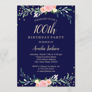 Navy Sweet Floral Sparkle Confetti 100th Birthday Invitation