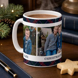 Navy Tartan Plaid Christmas Photo Name Coffee Mug