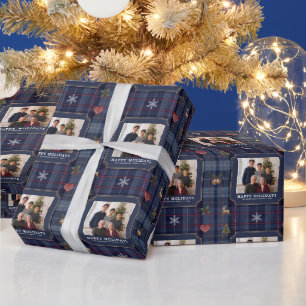 Navy Tartan Plaid Happy Holidays Family Photo Wrapping Paper