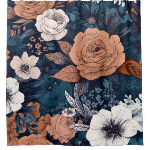 Navy & Taupe Boho Floral Print Shower Curtain