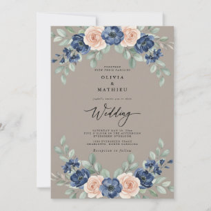 Navy Taupe Botanical Rustic Wedding Invitation