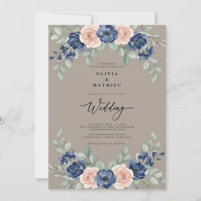 Navy Taupe Botanical Rustic Wedding Invitation (Front)