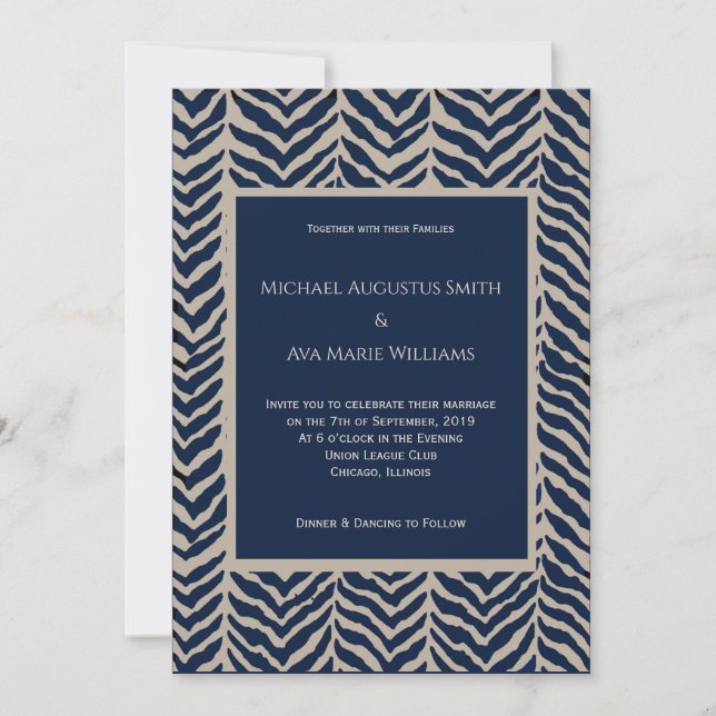 Navy & Taupe Herringbone Wedding Invitation (Front)