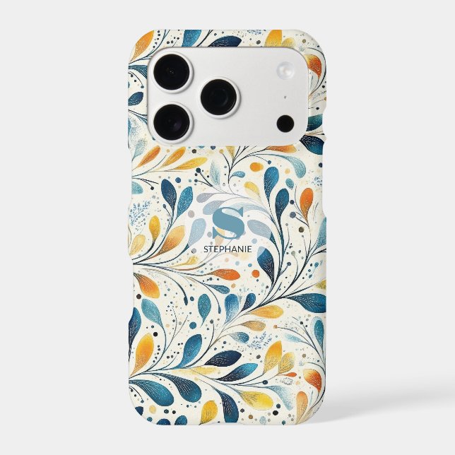 Navy Teal Amber Botanical Leaf Pattern (Back)