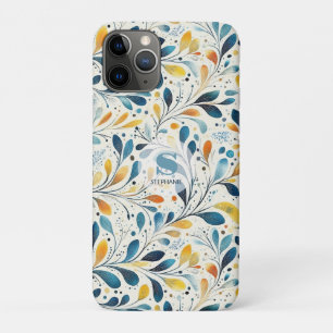 Navy Teal Amber Botanical Leaf Pattern iPhone 11 Pro Case