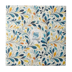 Navy Teal Amber Botanical Leaf Pattern Ceramic Tile