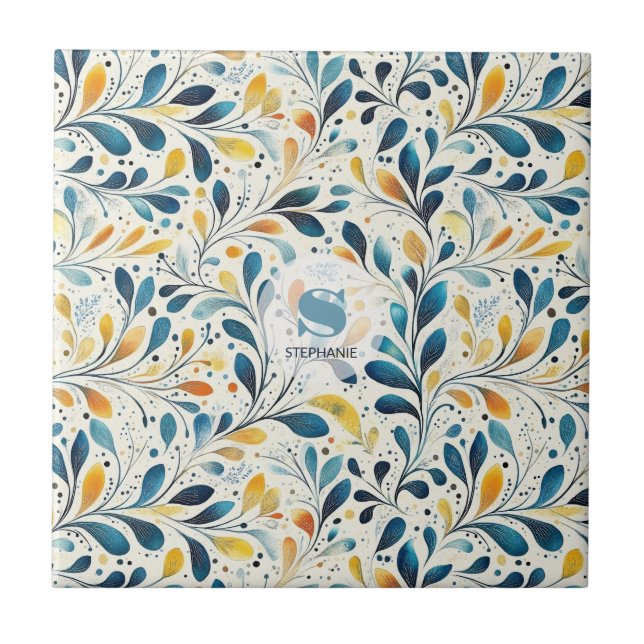 Navy Teal Amber Botanical Leaf Pattern Ceramic Tile (Front)
