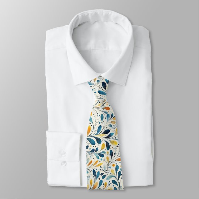 Navy Teal Amber Botanical Leaf Pattern Tie (Tied)