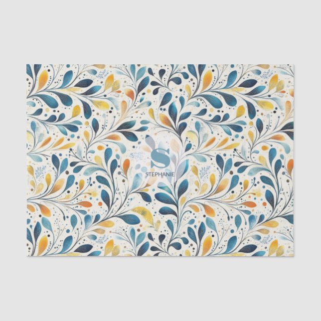 Navy Teal Amber Botanical Leaf Pattern Tissue Paper (Front)